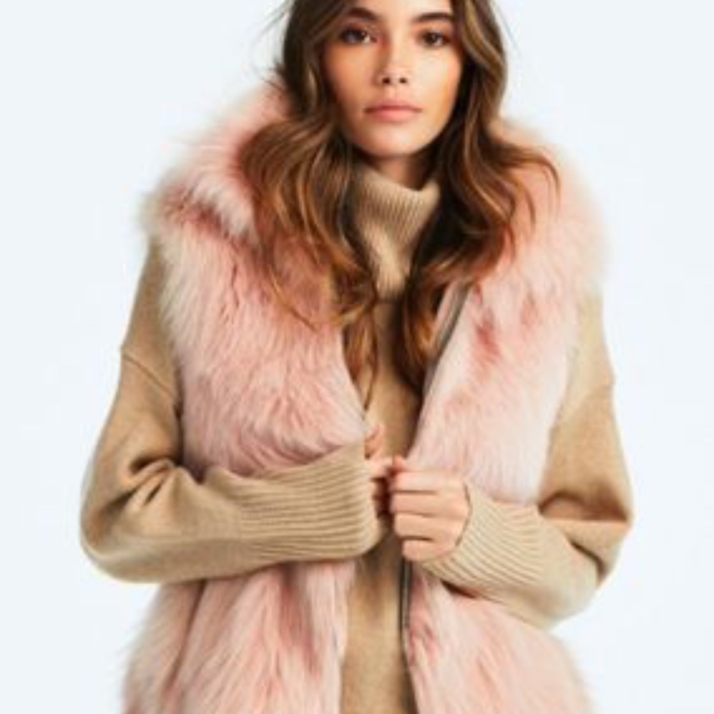 SAM. Pink Faux Fur Vest with Beige Knit Trim
